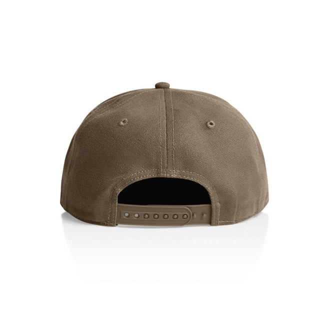 A brown canvas cap featuring a snapback closure and with a branding logo on the back.