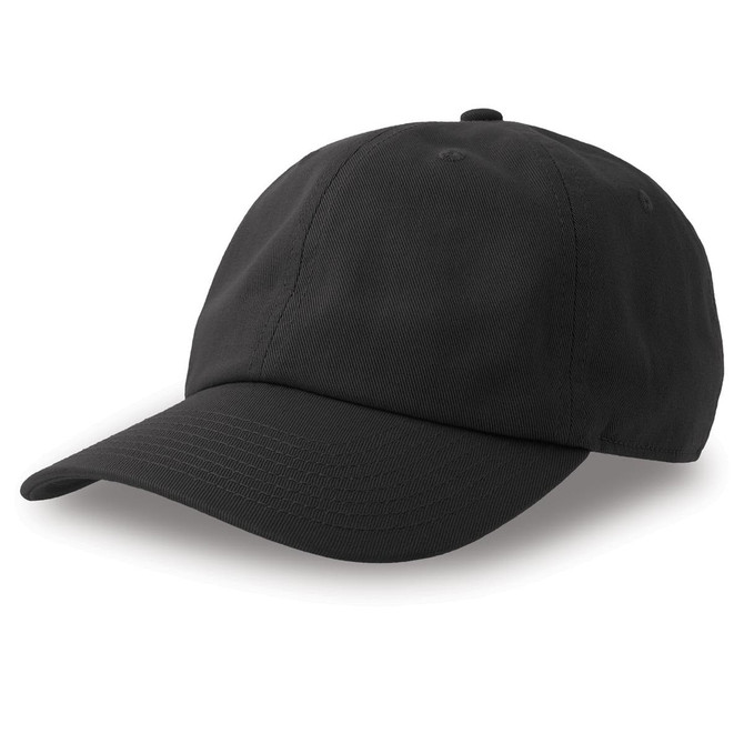 A black dad hat made from organic and recycled cotton, featuring a curved brim and an adjustable strap at the back.