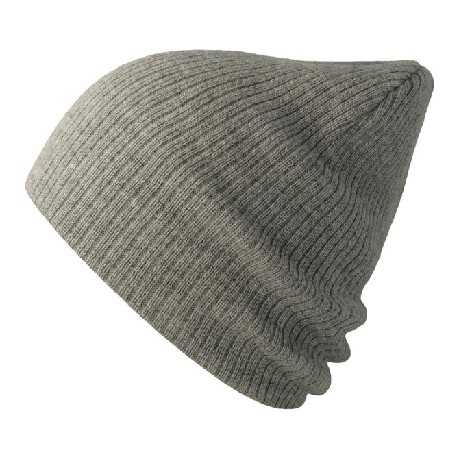 A grey ribbed beanie made from recycled polyester, featuring a logo.