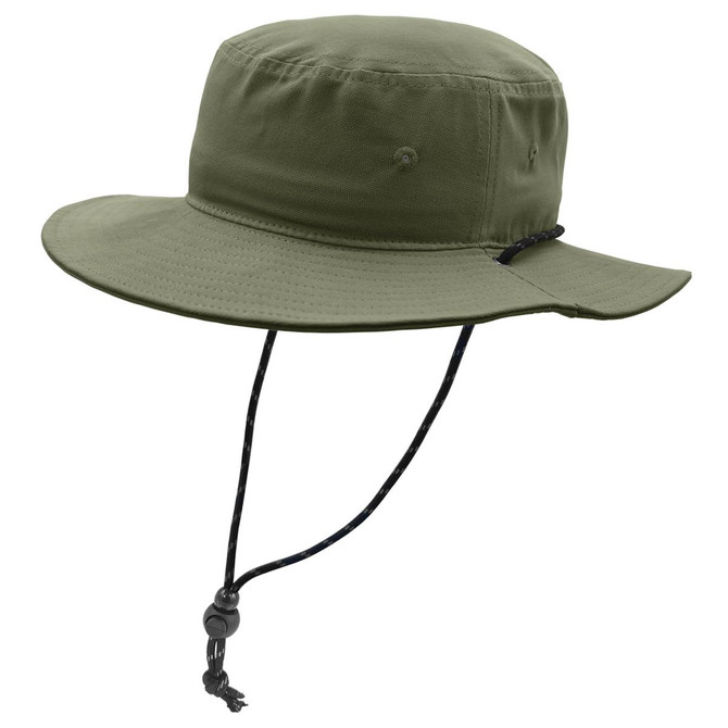 A green bucket hat with a wide brim and adjustable drawstring, featuring a logo on the side.