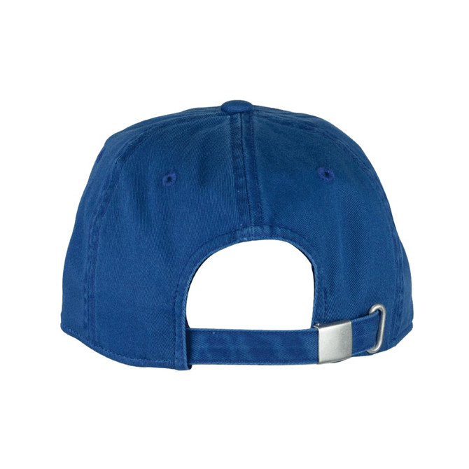 A blue organic washed cotton cap with a back opening and an adjustable strap. Features a logo.