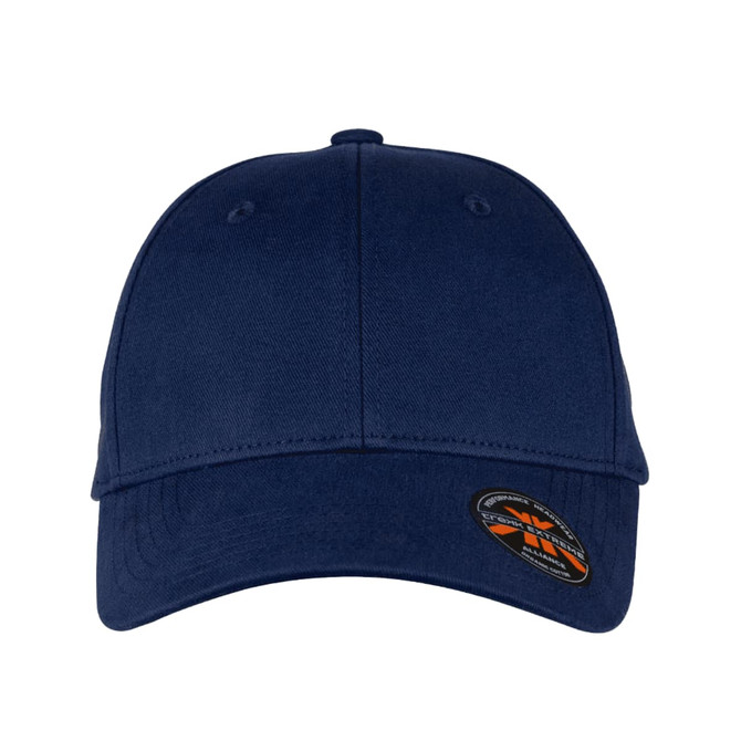 A navy blue organic cotton twill cap featuring a logo on the side.