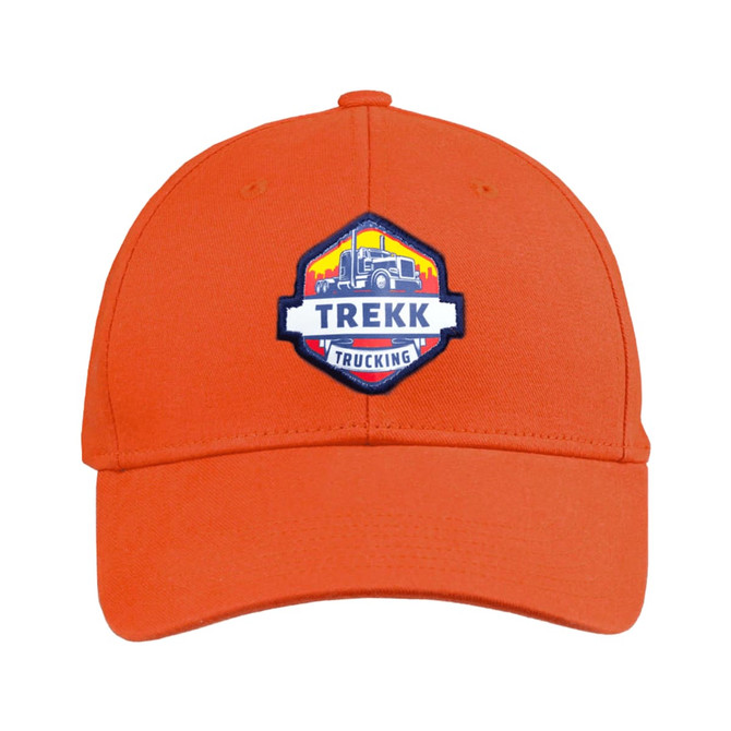 An orange cap featuring a logo on the front. It has a curved brim and an adjustable strap at the back.