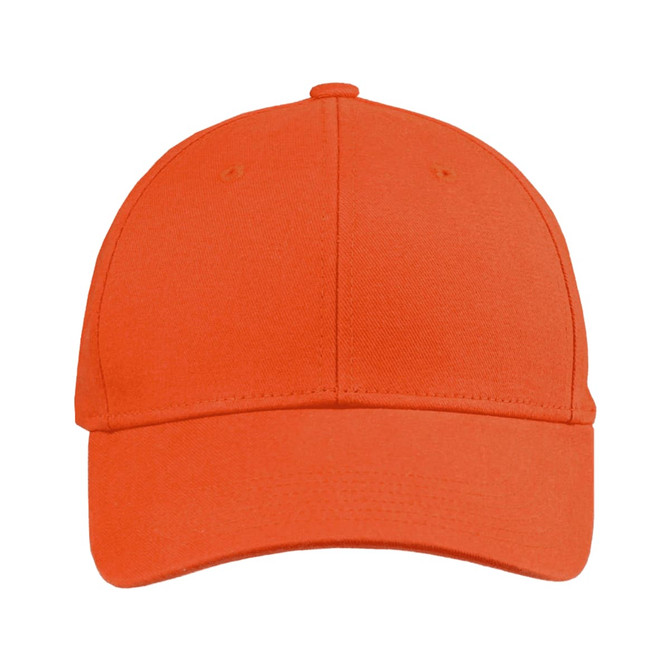 An orange organic cotton twill cap featuring a structured design and a logo on the front.