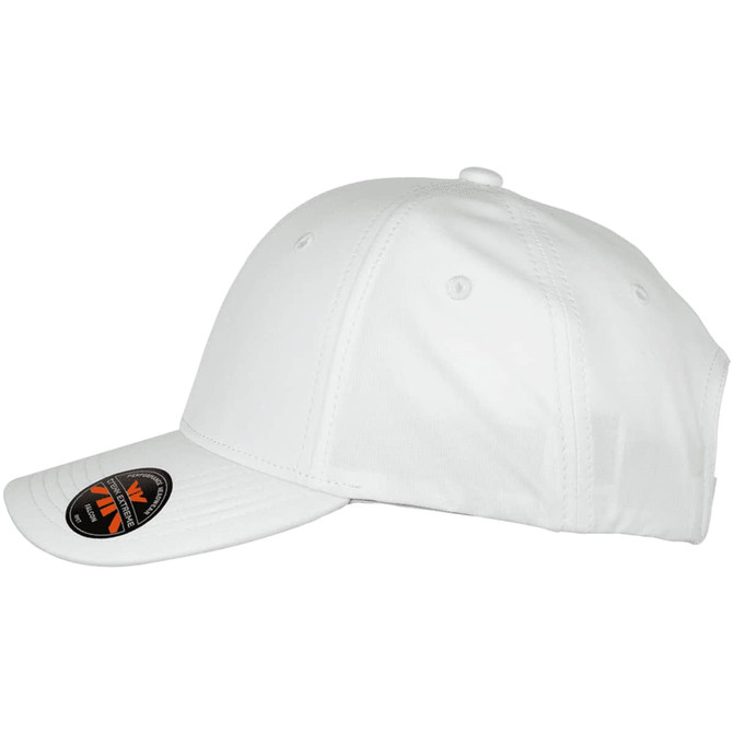 A white Falcon Flex Cap displayed from the side, featuring a black logo on the front.