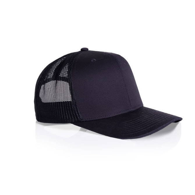 A navy mesh trucker cap with a solid front and a mesh back, featuring a fitted design and a curved brim.