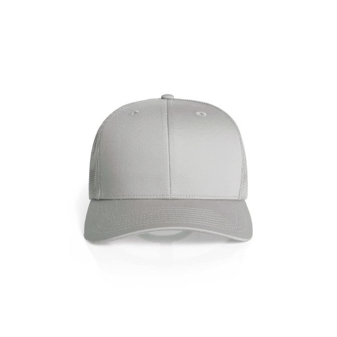 A grey mesh trucker cap featuring a solid front panel and breathable mesh back, with a logo on the front.