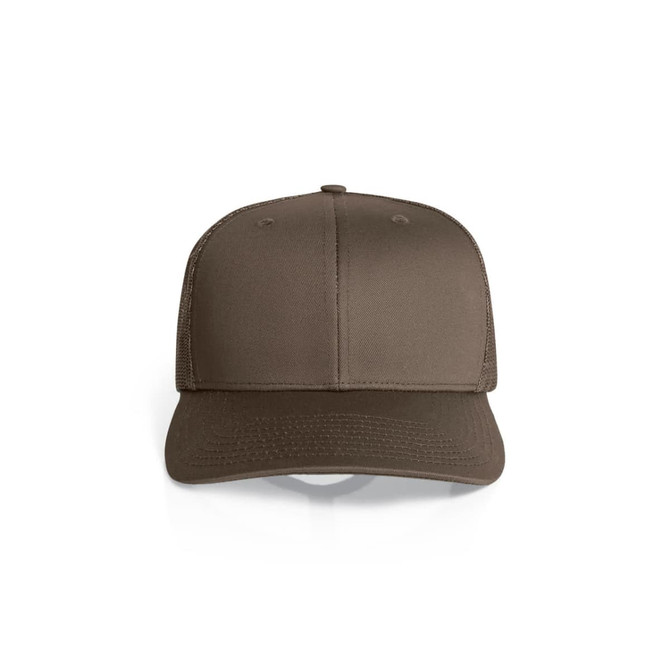 A brown mesh trucker cap with a solid front panel and mesh back. Features a logo on the front.
