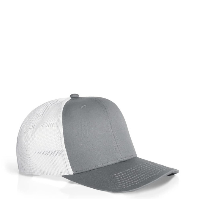 A grey trucker cap featuring a solid front panel and white mesh back. It has a logo on the front.