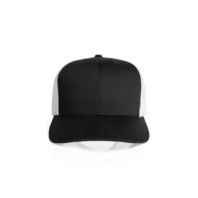 A black and white mesh contrast trucker cap featuring a solid front panel and a logo.