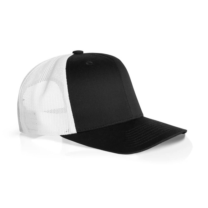A black and white Mesh Contrast Trucker Cap featuring a solid front and mesh back, with a logo on the front.