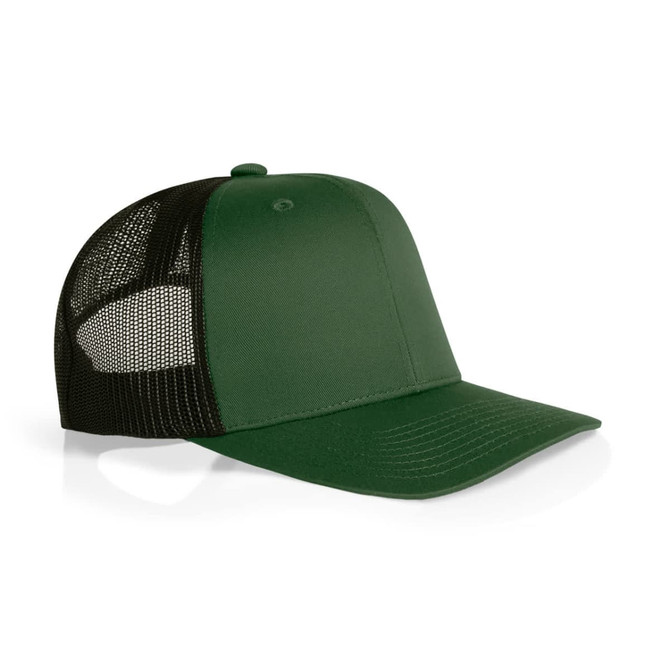 A green Mesh Contrast Trucker Cap featuring a solid front and black mesh sides, complete with a logo.