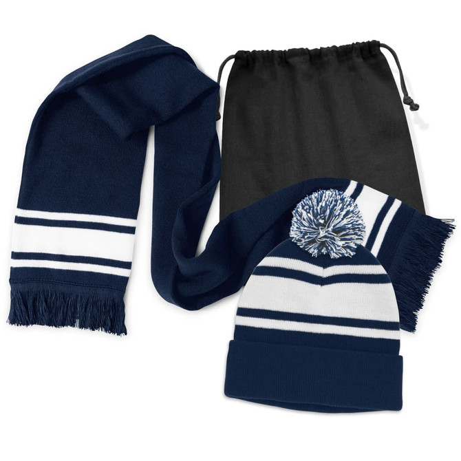 A navy scarf with white stripes and a matching beanie with a pom pom, accompanied by a black drawstring bag.
