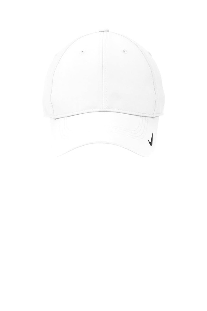 A white cap with a curved brim and a logo on the side, designed for headwear.