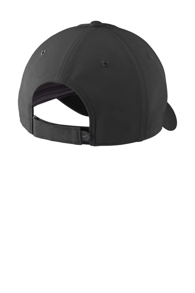 A black cap with a curved brim and an adjustable strap at the back, featuring a logo on the side.