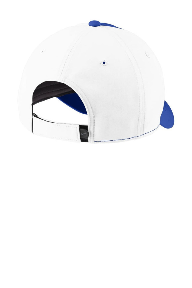 A white cap with blue accents featuring a branding logo on the back and a curved peak.