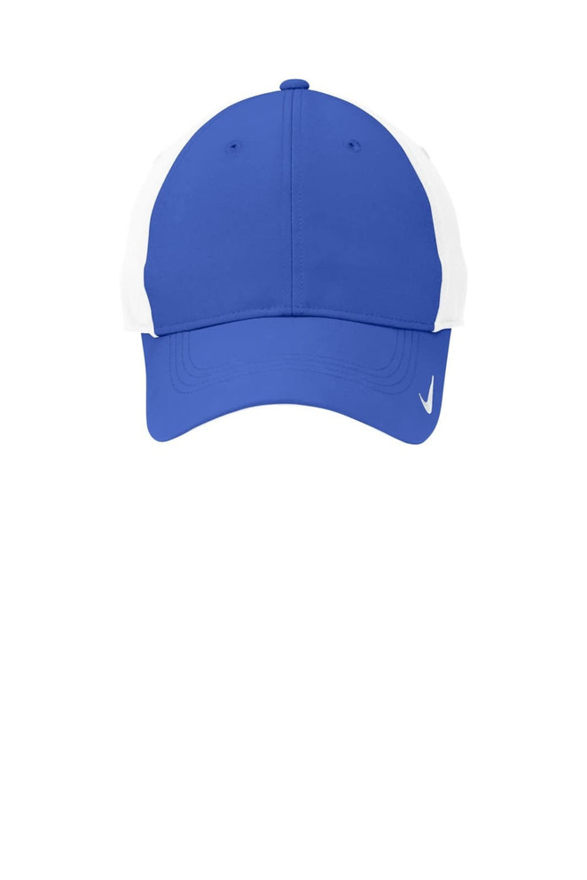 A blue and white Nike cap featuring a logo, designed with a classic sporty style.