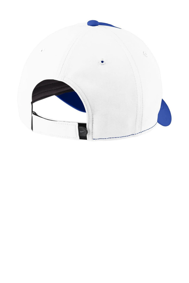 A white cap with blue accents, featuring a logo on the back and an adjustable strap.