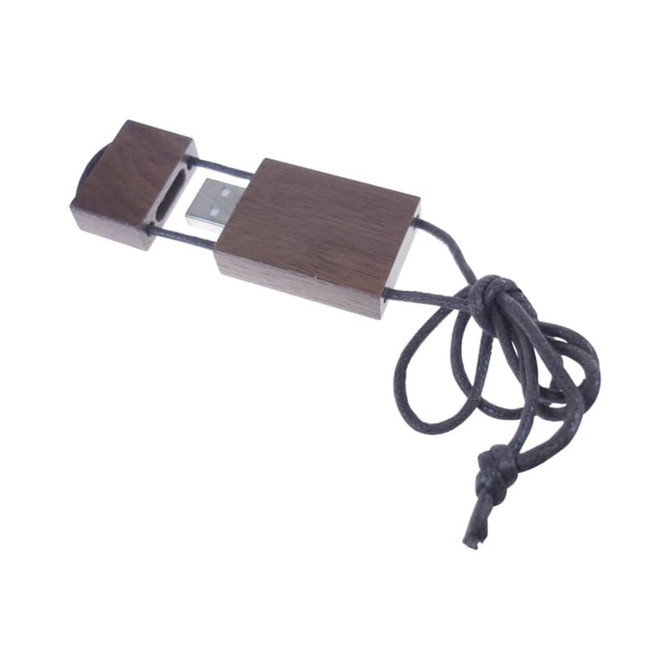 A bamboo lanyard flash drive in a dark wood finish, featuring a USB connector and attached cord.