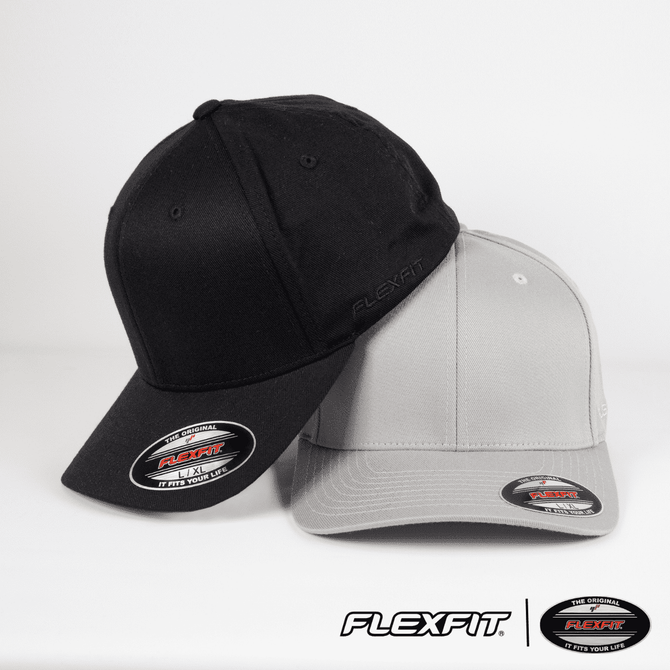 A black and a grey cap, both featuring a logo, arranged side by side on a white background.
