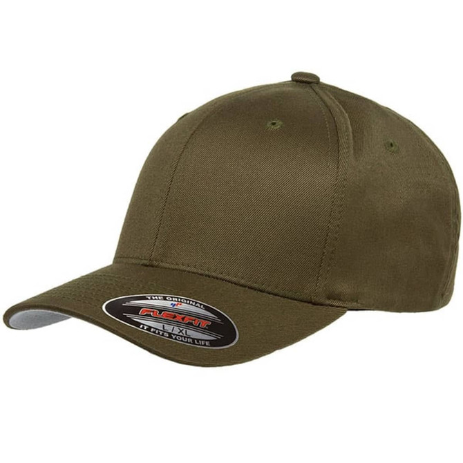An olive green cap with a curved brim, featuring a logo on the front.