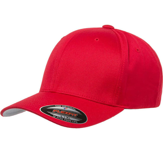 A red cap with a curved brim and a branding logo on the side.