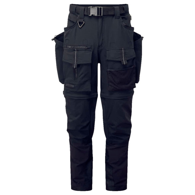 Modular work pants in black, featuring multiple pockets and a belt, designed for versatility and functionality.