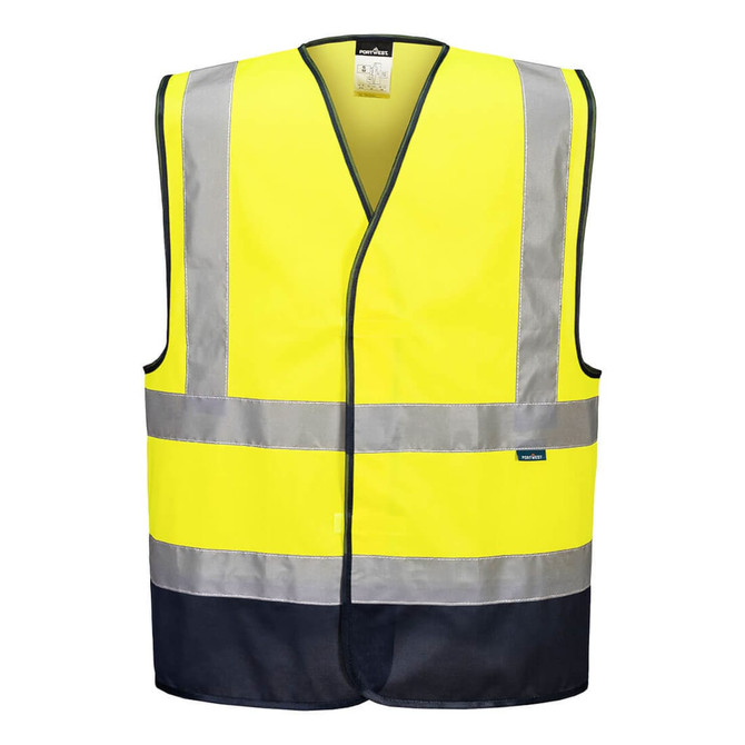 A bright yellow hi-vis vest with navy contrast and reflective strips, featuring a logo on the side.