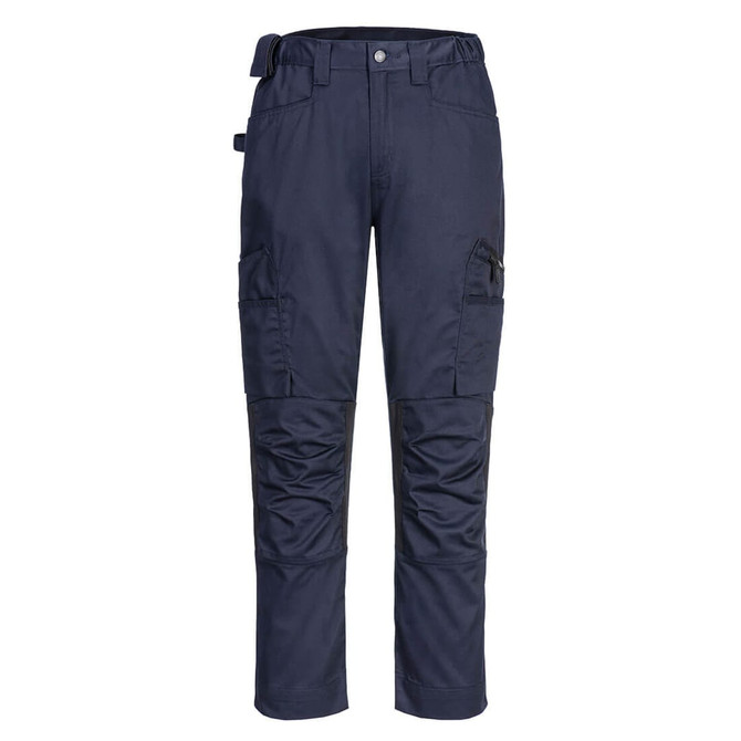 Navy blue eco stretch trade pants featuring multiple pockets and a fitted design, with a branding logo present.