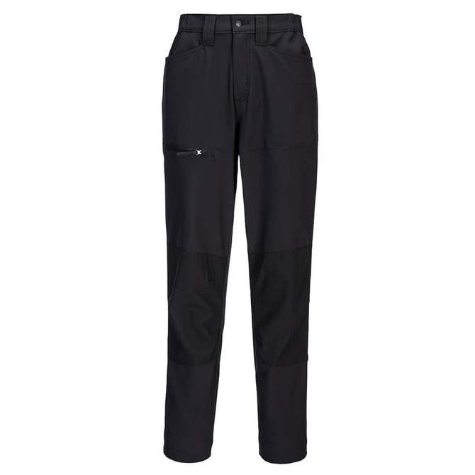 A pair of black women's stretch work pants with a zippered pocket and reinforced knee areas. Includes branding.
