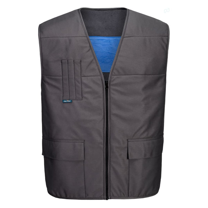 A grey cooling vest with a blue interior, featuring pockets and a front zip closure. It has a logo on it.