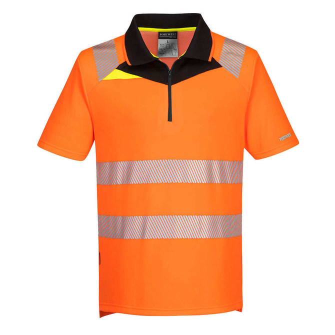 Hi-vis short-sleeve polo shirt in orange with reflective stripes and a black collar. Features a logo branding.