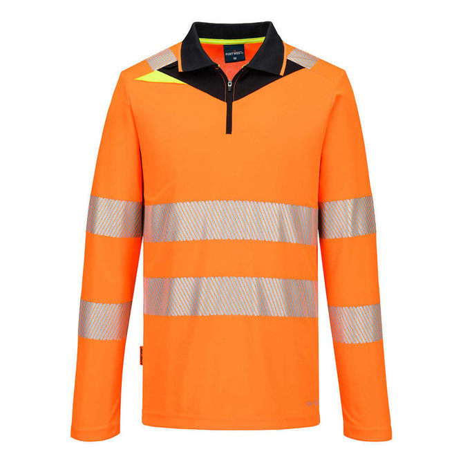 A long-sleeve polo shirt in bright orange with reflective stripes and a black collar. Includes a logo.