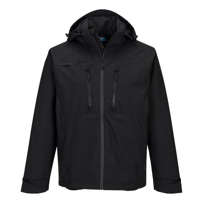 A black rain jacket featuring a hood, two zippered pockets, and adjustable cuffs. It has a logo on the front.