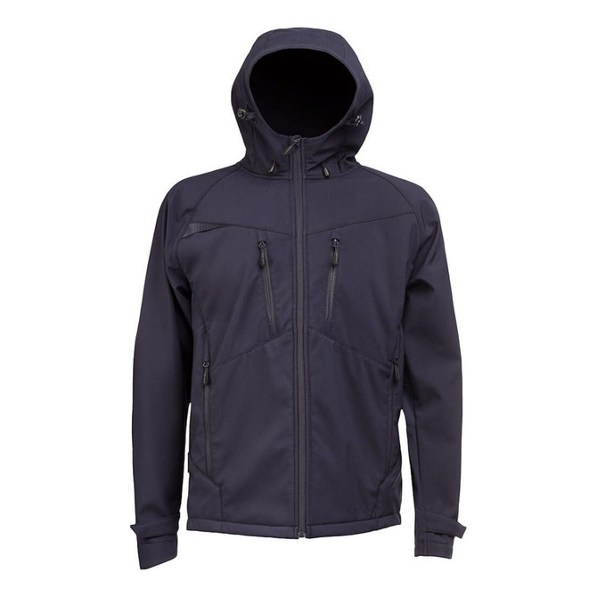 A navy softshell jacket with a hood, featuring zippered pockets and a sleek design. It has a logo on the front.