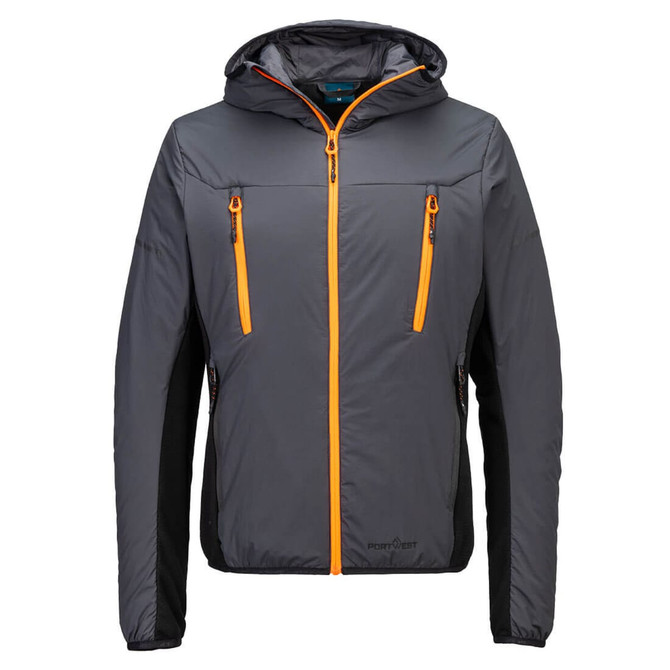 A grey insulated hybrid jacket with orange zippered pockets and a hood, featuring a logo on the front.