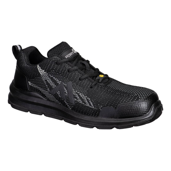 A black composite textile trainer with grey accents and a logo, featuring a sturdy sole and protective toe cap.