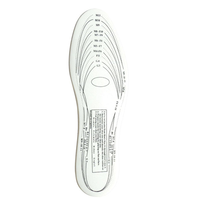 A white memory foam insole featuring various markings and measurements, with a logo at the bottom.