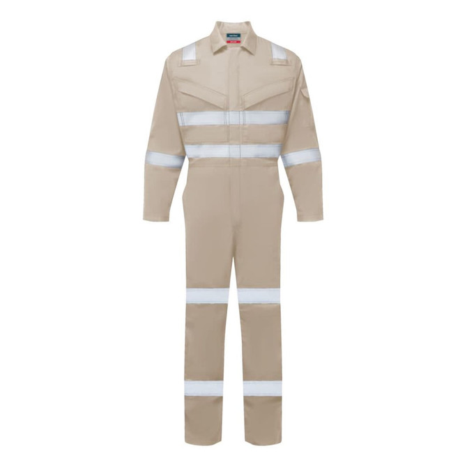 A beige coverall with reflective stripes, featuring long sleeves and a front zip. It has a logo.