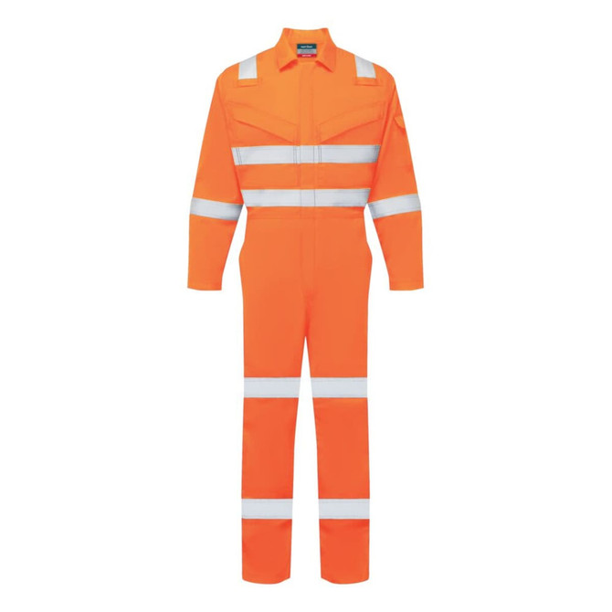 An orange coverall featuring reflective strips, suitable for workwear. It has a logo on the front.