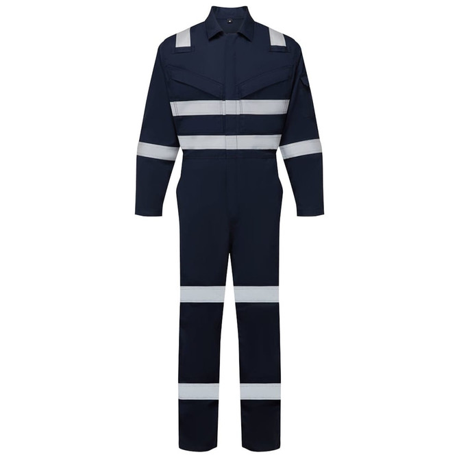 A navy blue coverall featuring reflective stripes, designed for safety wear. Includes a logo on the front chest.