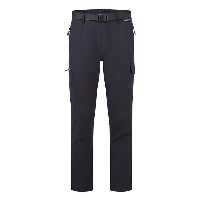 Lightweight combat pants in navy blue with a belt and multiple pockets for storage. Features a logo.