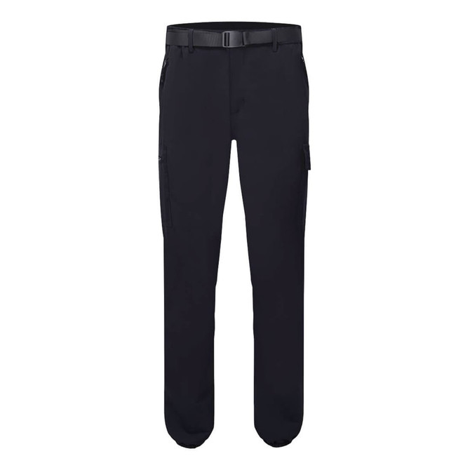 Lightweight cuffed pants in black with a belt, featuring side pockets and a logo.