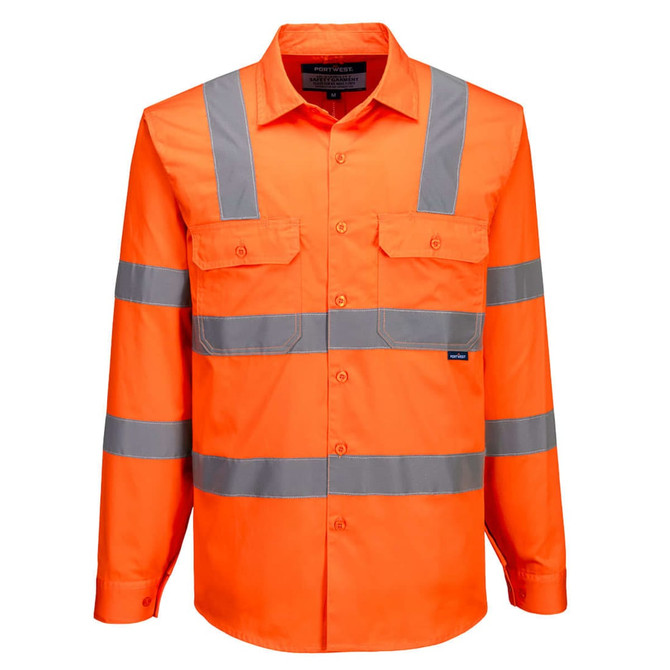 A high-visibility long-sleeve cotton shirt in bright orange with grey reflective stripes and pockets.
