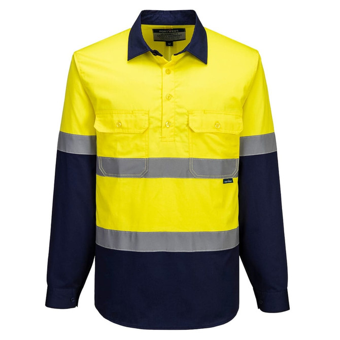 A long-sleeved shirt in bright yellow and navy, featuring reflective stripes and a logo on the chest.