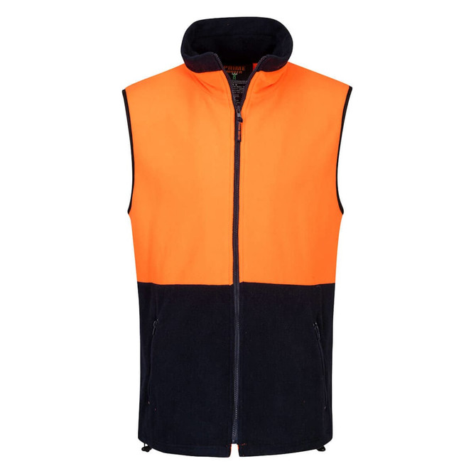 A polar fleece vest featuring a bright orange upper half and a navy lower half, with a zippered front and collar.