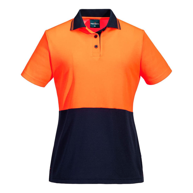 A short-sleeved polo shirt in high-visibility orange and navy with a logo on the chest.