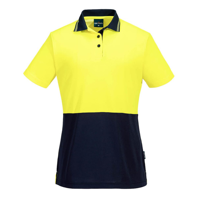 A Hi-Vis women's short sleeve polo shirt in bright yellow with navy contrast panels. The shirt features a logo.