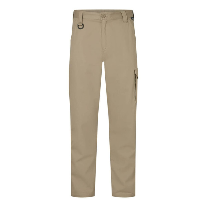Lightweight drill pants in a beige colour, featuring side pockets and a belt loop. The pants have a simple design.