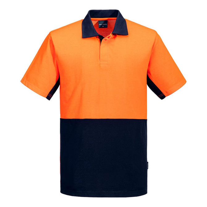 A short-sleeved polo shirt featuring a high-visibility orange upper section and a navy blue lower section, with a branding logo.